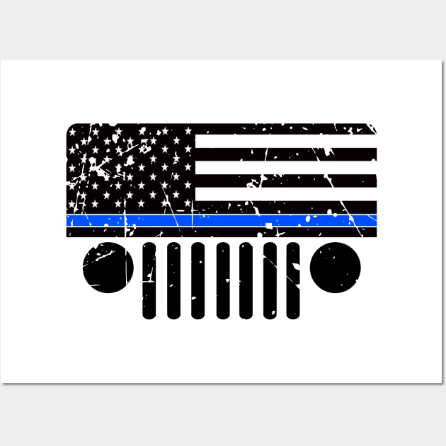 Jeep Police Blue Line Flag, Funny Design US Flag Distressed Wall Art by Printofi.com